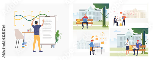 Set of people studying at universities. Flat vector illustrations of education, knowledge, routine. Educational routine concept for banner, website design or landing web page