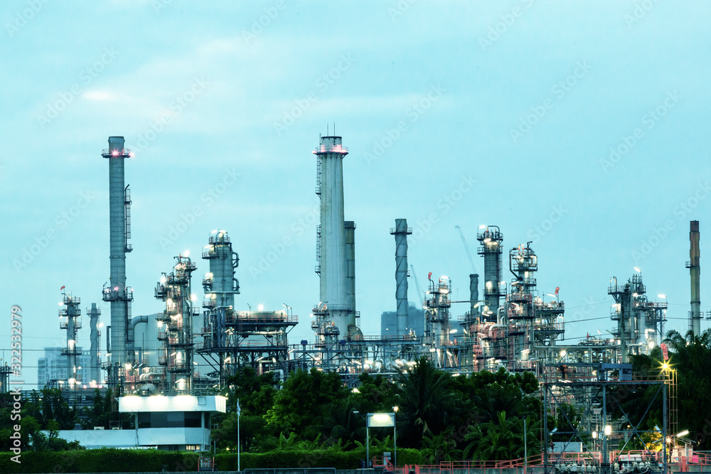 a standard and eco-friendly refinery, surrounded by rivers and sky, covered with clouds