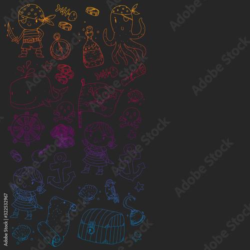 Pirate party. Illustrations for little children. Kids birthday celebration with treasure island, octopus, pirates