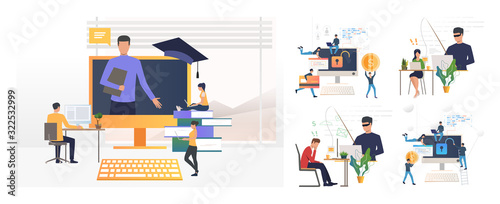 Hacking or phishing set. Hacker stealing email and credit card data. Flat vector illustrations. Cybercrime, attack concept for banner, website design or landing web page