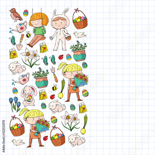 Vector pattern with easter and spring elements. Eggs in basket, bunny, flowers, birds