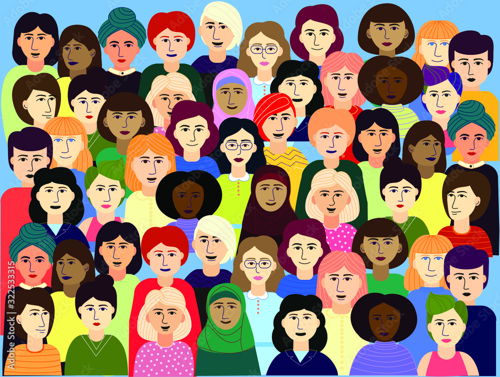 Multi-colored crowd of women. Many different faces-Muslim, European, African-American, Indian. Girls with different hair and skin colors. Feminism and activism. Parade for equal rights. Girl power. Multi-colored crowd of women. Many different faces-Muslim, European, African-American, Indian. Girls with different hair and skin colors. Feminism and activism. Parade for equal rights. Girl power.