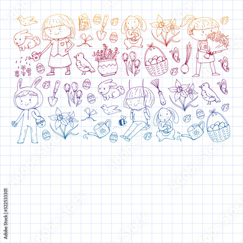Vector pattern with easter and spring elements. Eggs in basket, bunny, flowers, birds