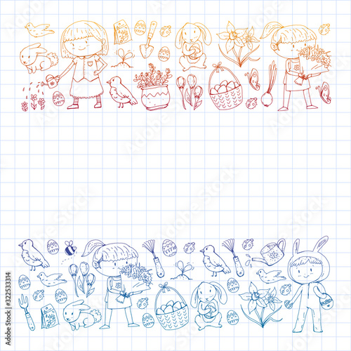 Vector pattern with easter and spring elements. Eggs in basket, bunny, flowers, birds