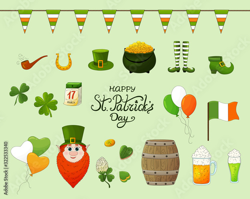 St. Patrick's Day set. Shamrock, clover, gold coins,irish flag, ale, leprechaun, pot of gold,  glass of beer, garlands, hat, smoking pipe. St. Patricks day different icons in traditional irish colors