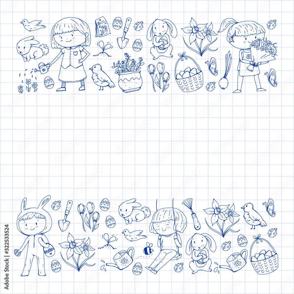 Vector pattern with easter and spring elements. Eggs in basket, bunny, flowers, birds Vector pattern with easter and spring elements. Eggs in basket, bunny, flowers, birds