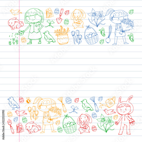 Vector pattern with easter and spring elements. Eggs in basket, bunny, flowers, birds