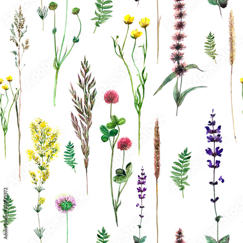 Watercolor drawing of wild meadow flowers, buds, inflorescences and leaves. Summer design. Design wallpaper, textiles, packaging, packaging paper, fabric. Seamless pattern. © Svetlana Yumaguzina