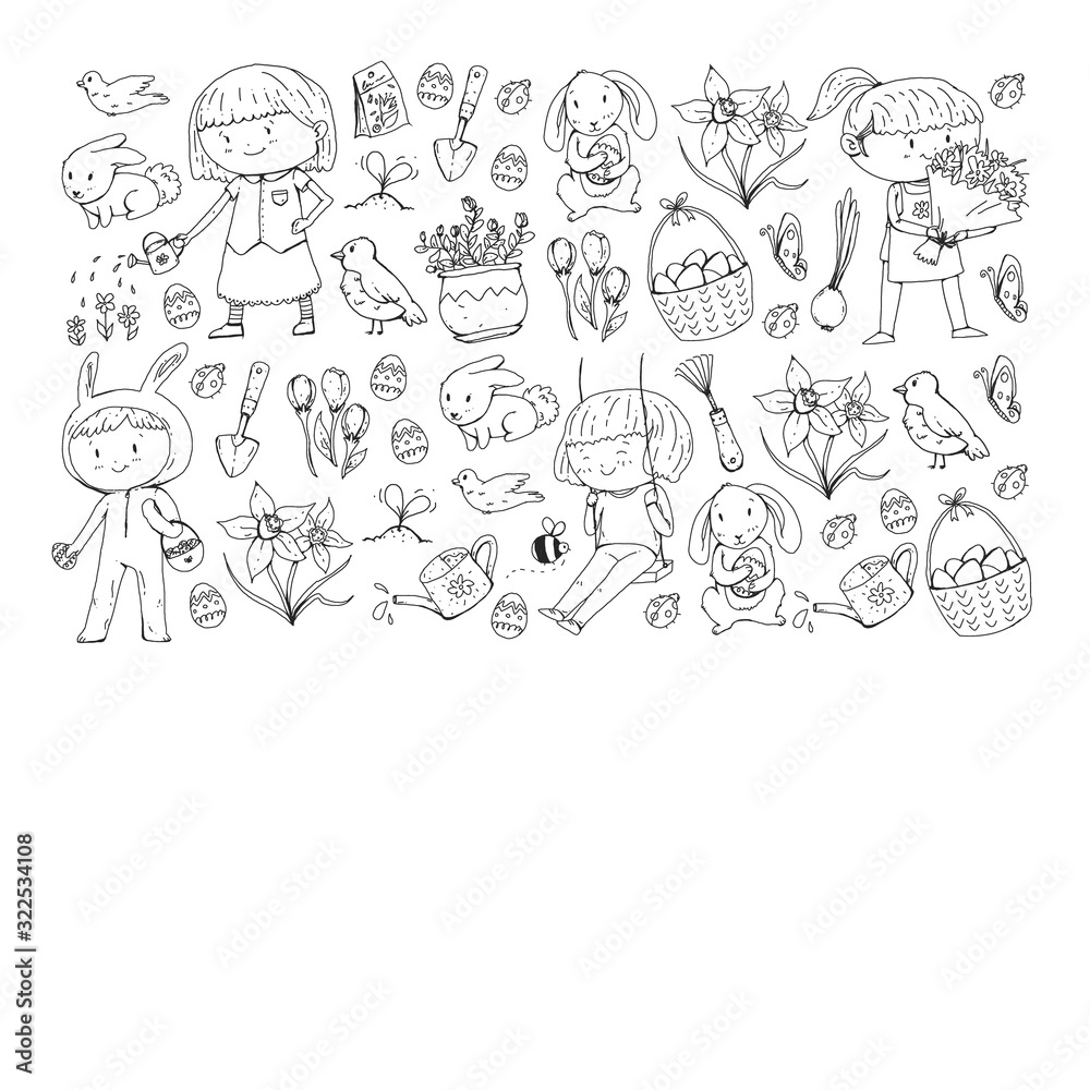 Vector pattern with easter and spring elements. Eggs in basket, bunny, flowers, birds Vector pattern with easter and spring elements. Eggs in basket, bunny, flowers, birds
