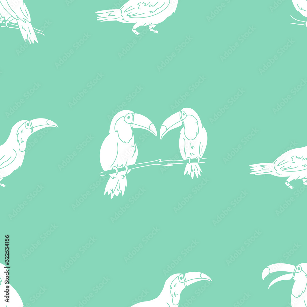 white cartoon toucans on green background seamless pattern, cute wild tropical bird, editable vector illustration for decoration, fabric, textile, paper, print white cartoon toucans on green background seamless pattern, cute wild tropical bird, editable vector illustration for decoration, fabric, textile, paper, print