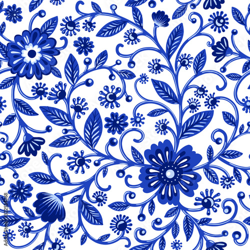 Floral watercolor pattern with blue flowers