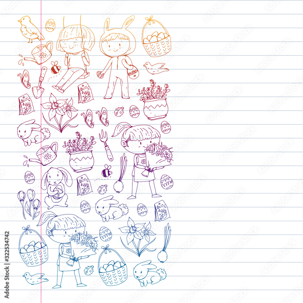 Vector pattern with easter and spring elements. Eggs in basket, bunny, flowers, birds Vector pattern with easter and spring elements. Eggs in basket, bunny, flowers, birds