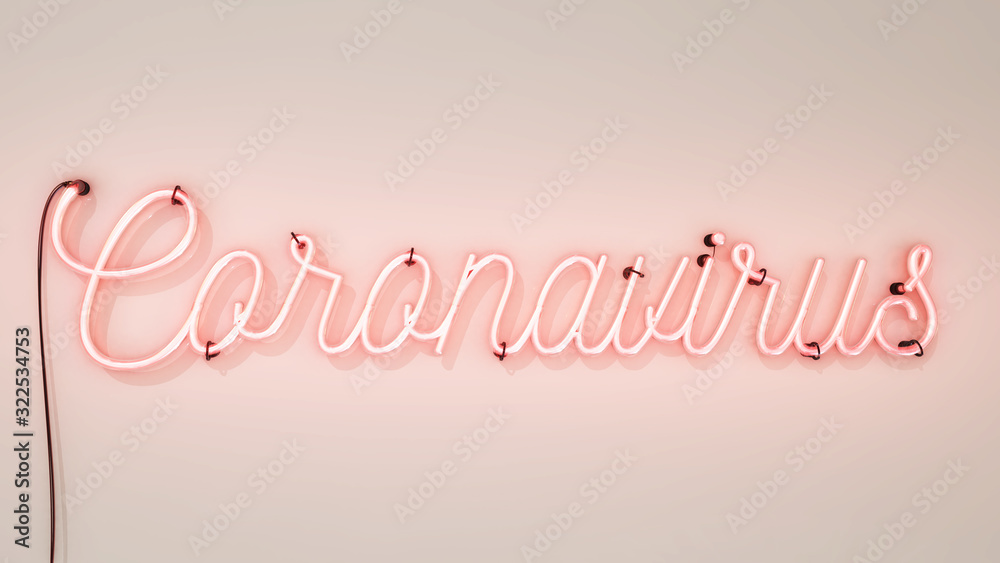 Bright pink neon sign that says the word Coronavirus on a white wall background