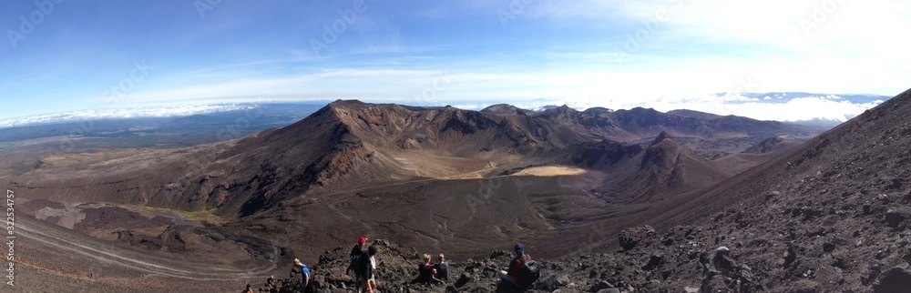 Walking up the vulcano, panoramic view of the Tongariro National park with the stony and rocky landscape, moon like