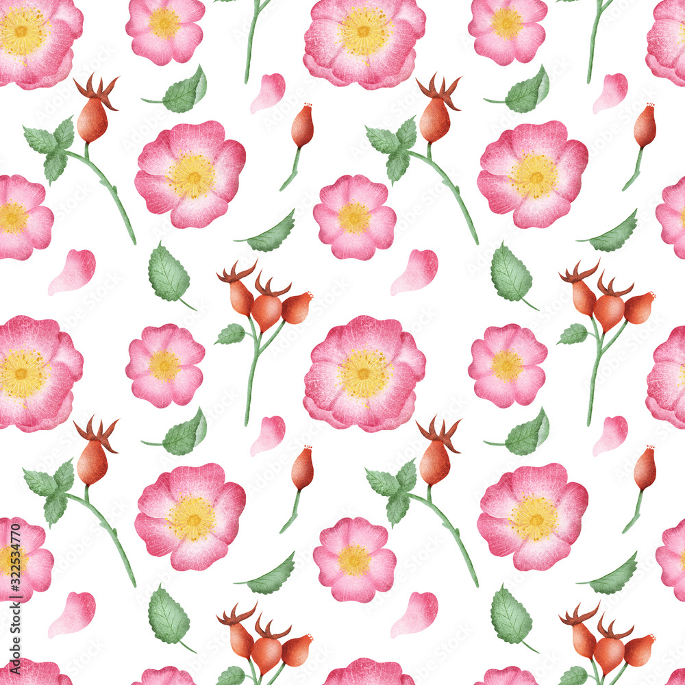 Seamless wild rose flowers pattern. Hand drawn rose hip flowers background. Pink rose flowers pattern for print, fabric, greeting cards, wedding, wrapping paper.