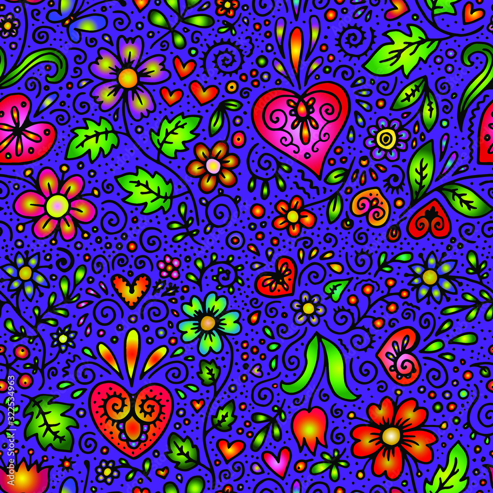 seamless floral pattern with flowers and hearts