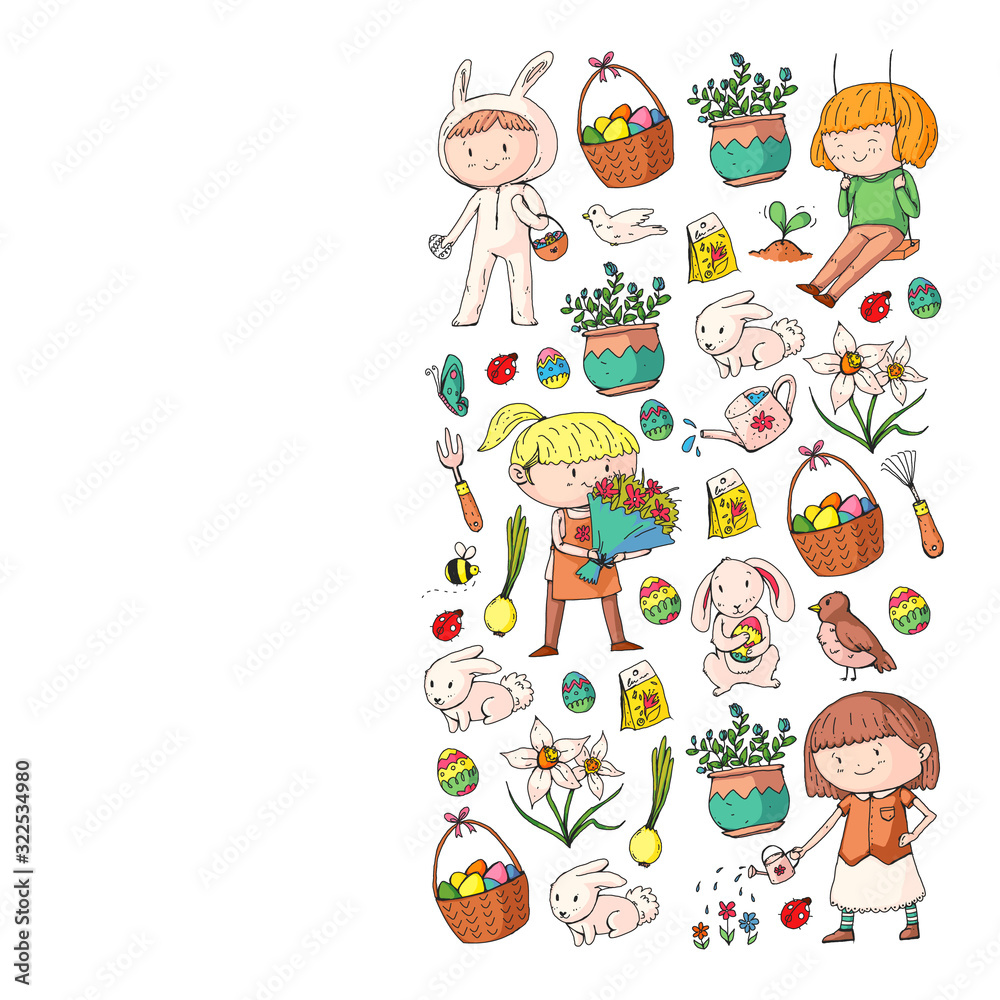 Vector pattern with easter and spring elements. Eggs in basket, bunny, flowers, birds Vector pattern with easter and spring elements. Eggs in basket, bunny, flowers, birds