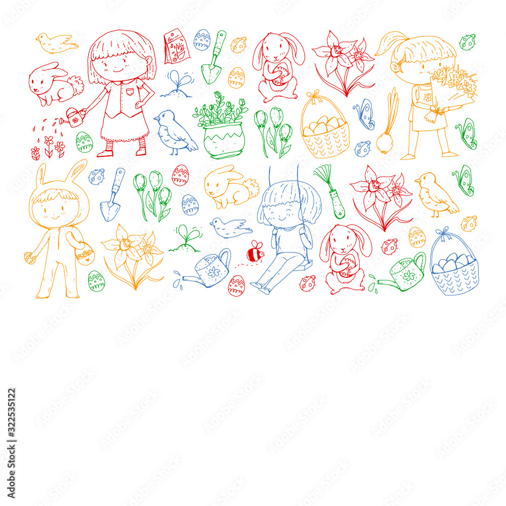 Vector pattern with easter and spring elements. Eggs in basket, bunny, flowers, birds