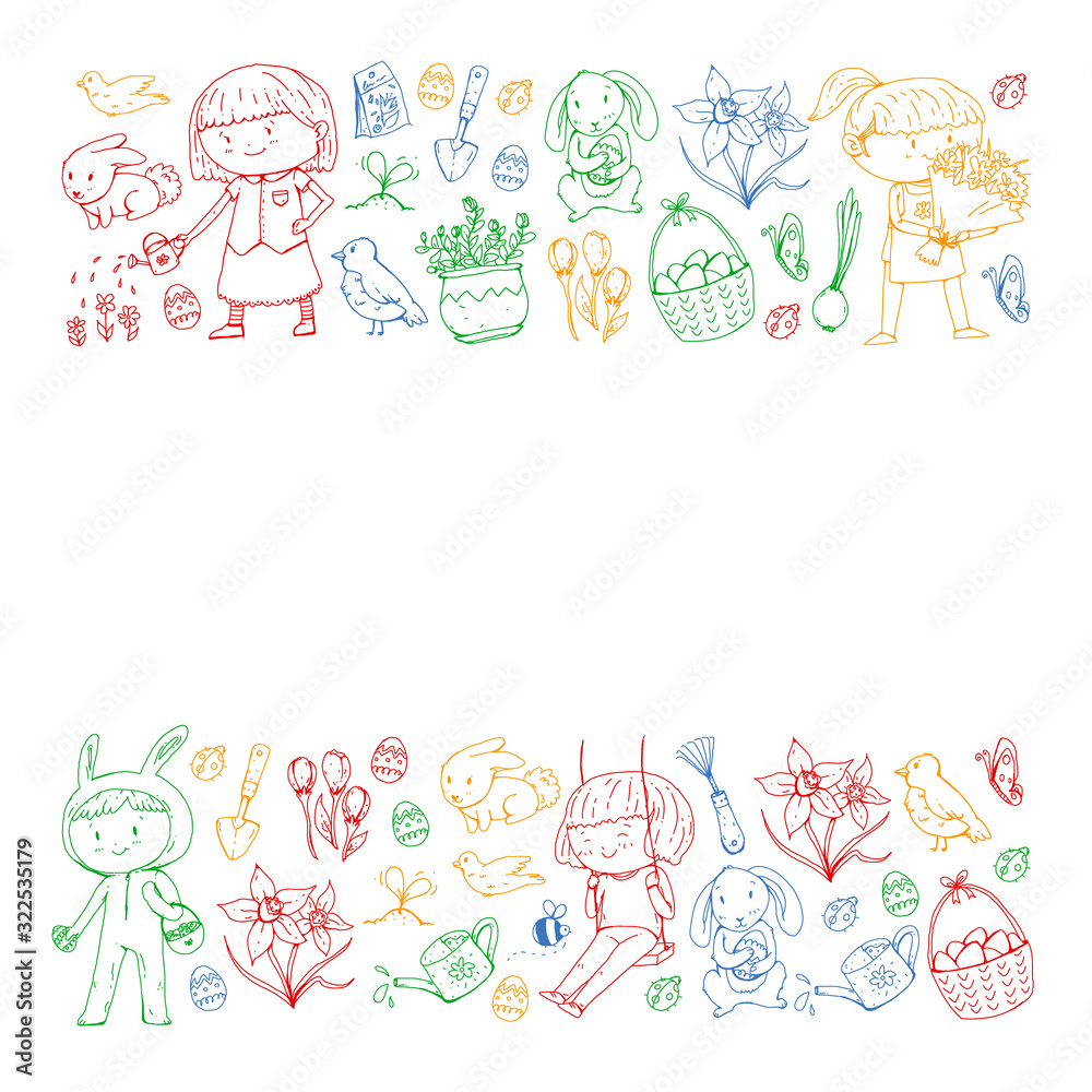 Vector pattern with easter and spring elements. Eggs in basket, bunny, flowers, birds Vector pattern with easter and spring elements. Eggs in basket, bunny, flowers, birds