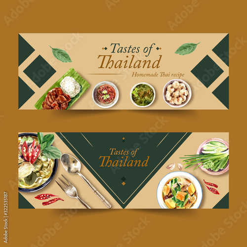 Thai food banner design with green curry, sticky rice, crispy pork illustration watercolor.