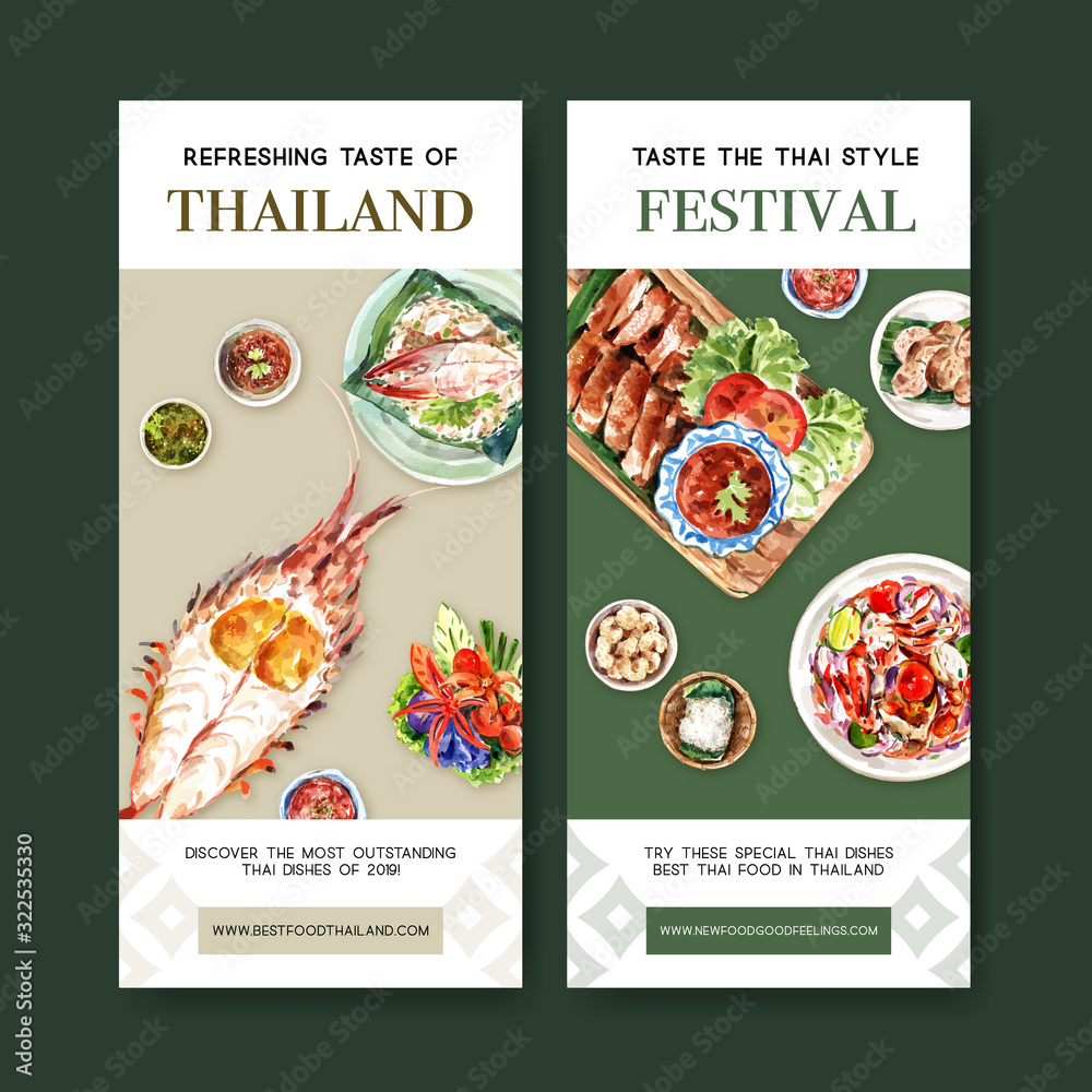 Thai food flyer design with crispy pork, grilled chicken illustration watercolor.