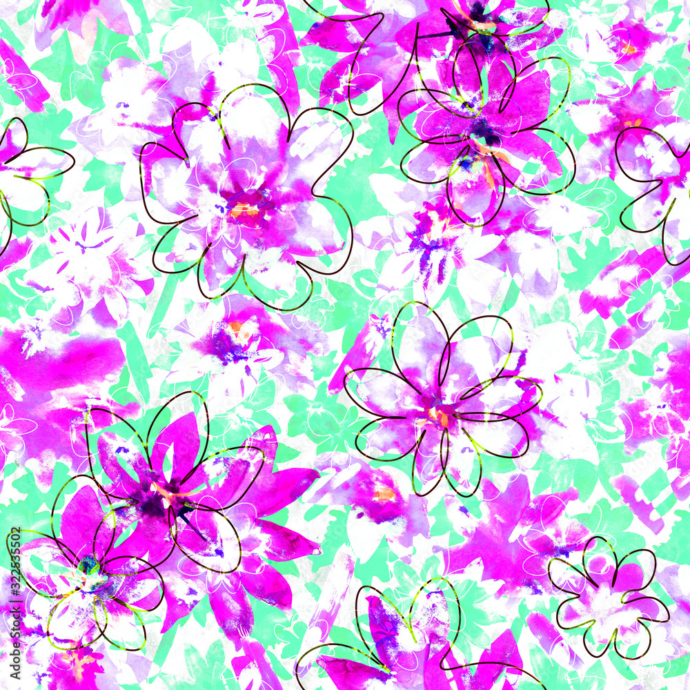 Waterolor flowers abstract background.Seamless pattern. Design wallpaper,  fabric, textile, covers, packaging,wrapping paper.