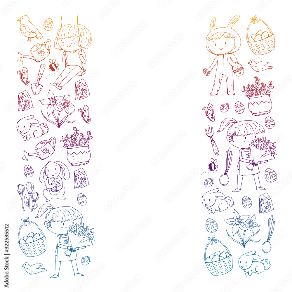 Vector pattern with easter and spring elements. Eggs in basket, bunny, flowers, birds Vector pattern with easter and spring elements. Eggs in basket, bunny, flowers, birds