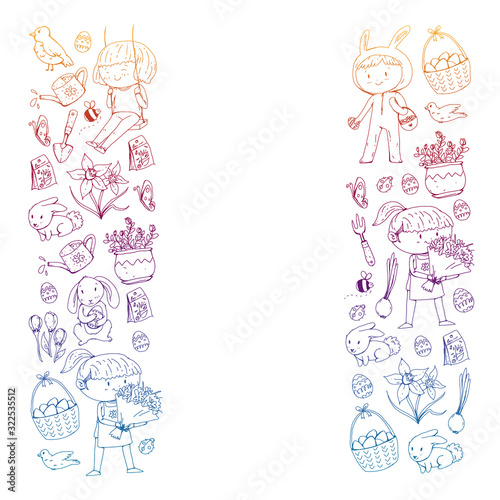 Vector pattern with easter and spring elements. Eggs in basket, bunny, flowers, birds