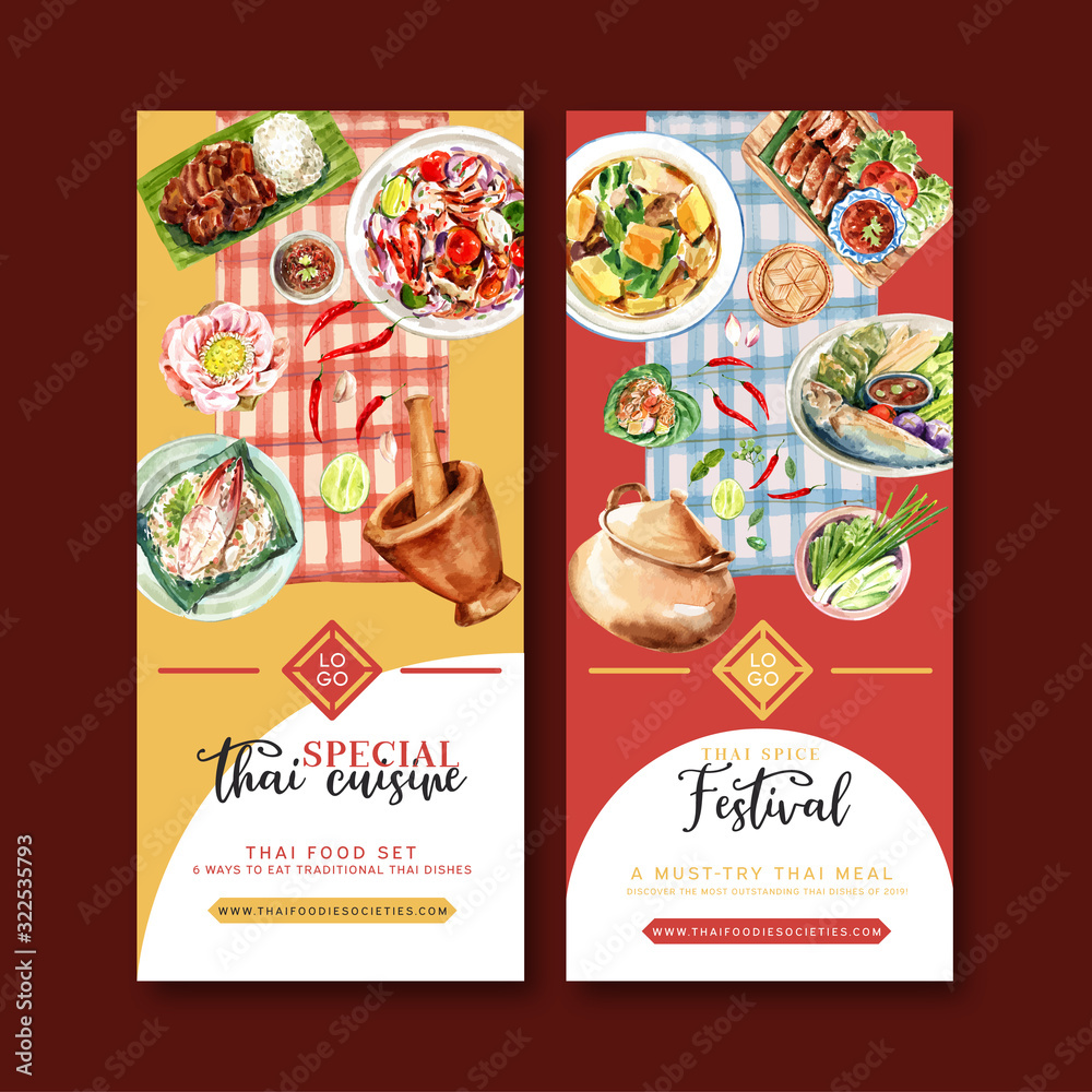 Thai food flyer design with fried pork, sticky rice illustration watercolor. Thai food flyer design with fried pork, sticky rice illustration watercolor.