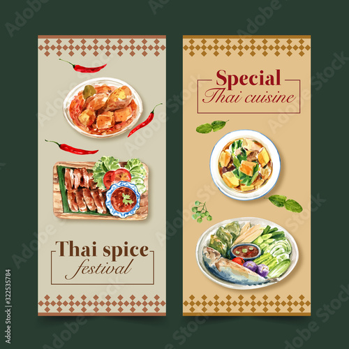 Thai food flyer design with massaman curry, grilled chicken illustration watercolor.