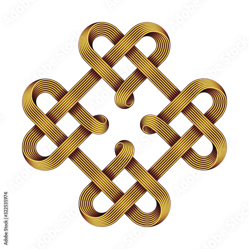 Symbol of four hearts made with golden wires intertwined as celtic knot. Vector illustration.