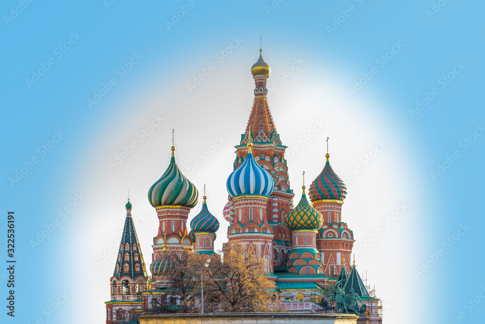 St. Basil Cathedral in Moscow, beautiful design postcard. Frontal view of the famous temple in the capital of Russia. St. Basils Cathedral isolate on blue sky