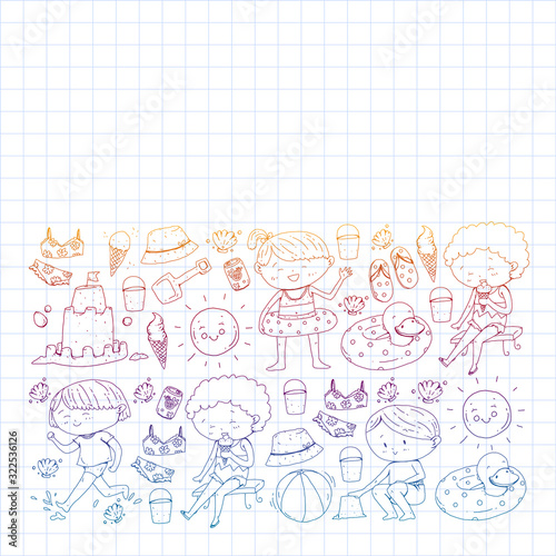 Children summer vacation. Holidays with little kids. Sea, beach and ocean. Travel and adventure vector pattern.