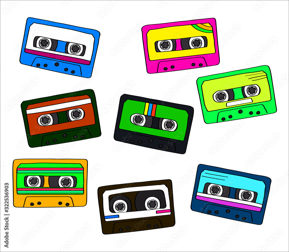 Fototapeta premium Audio cassettes on a white background. Collection. Vector illustration.