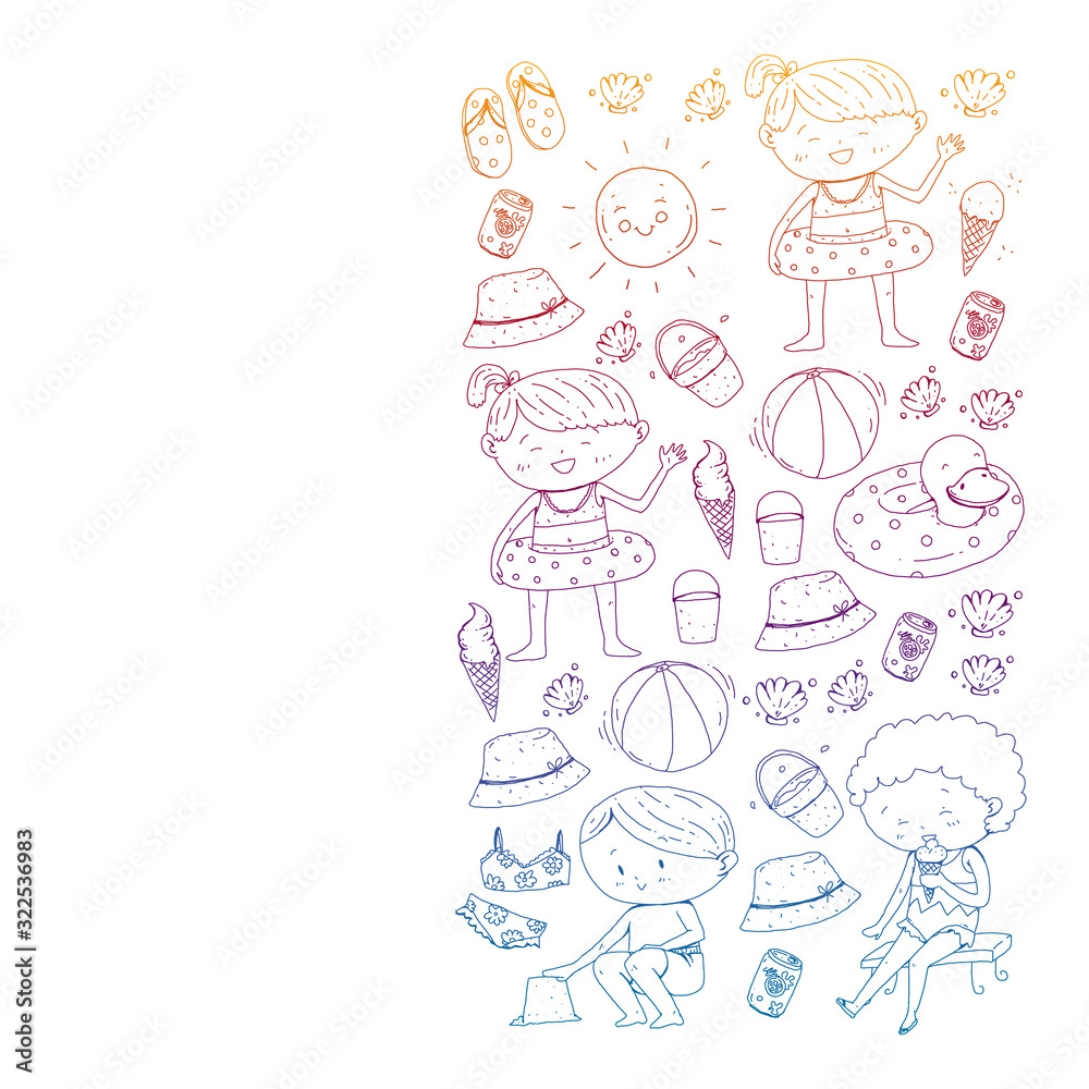 Children summer vacation. Holidays with little kids. Sea, beach and ocean Children summer vacation. Holidays with little kids. Sea, beach and ocean