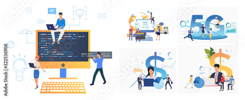 Set of people planning. Flat vector illustrations of businesspeople studying reports, analyzing business strategy. Business or finance concept for banner, website design or landing web page