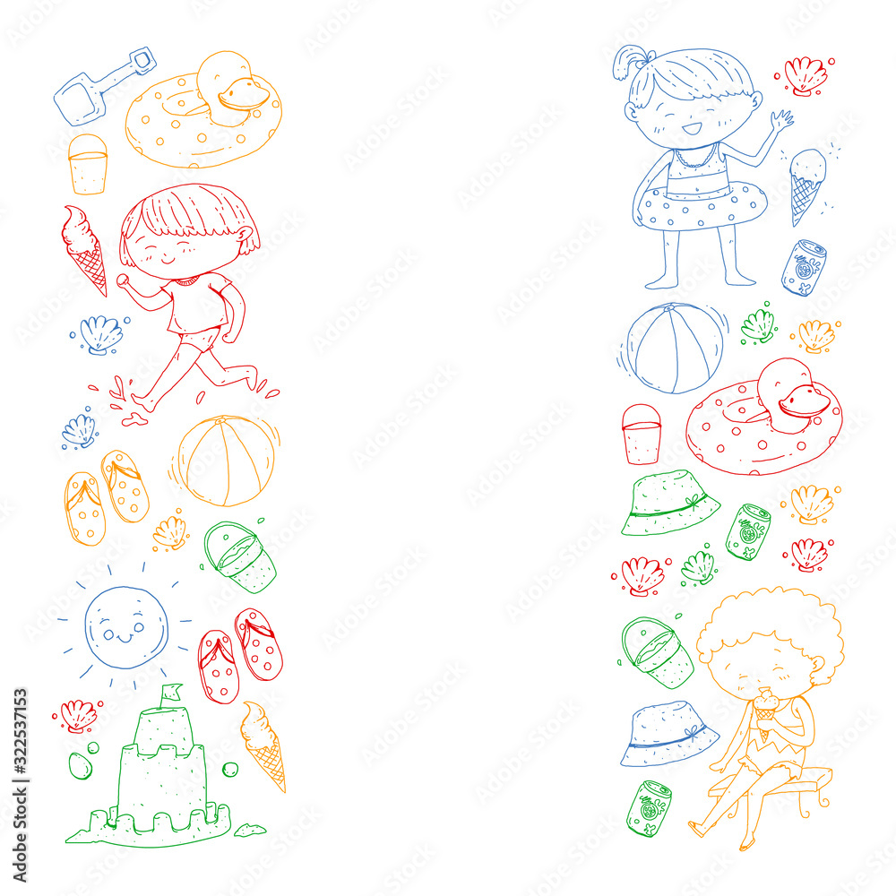 Children summer vacation. Holidays with little kids. Sea, beach and ocean. Travel and adventure vector pattern.