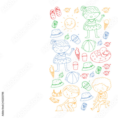 Children summer vacation. Holidays with little kids. Sea  beach and ocean. Travel and adventure vector pattern.