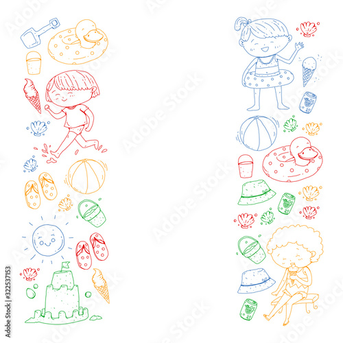Children summer vacation. Holidays with little kids. Sea, beach and ocean. Travel and adventure vector pattern.