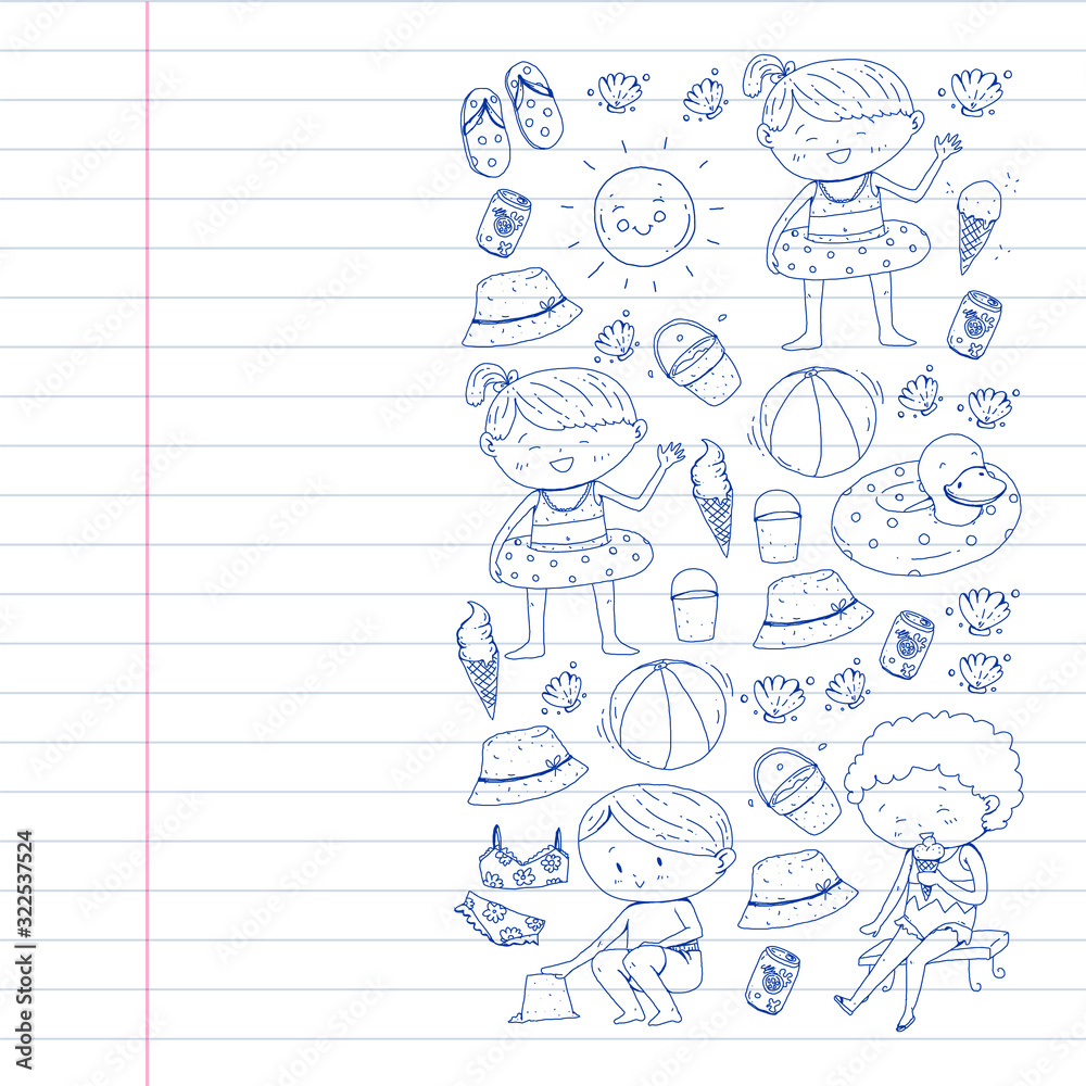Children summer vacation. Holidays with little kids. Sea, beach and ocean. Travel and adventure vector pattern. Children summer vacation. Holidays with little kids. Sea, beach and ocean. Travel and adventure vector pattern.