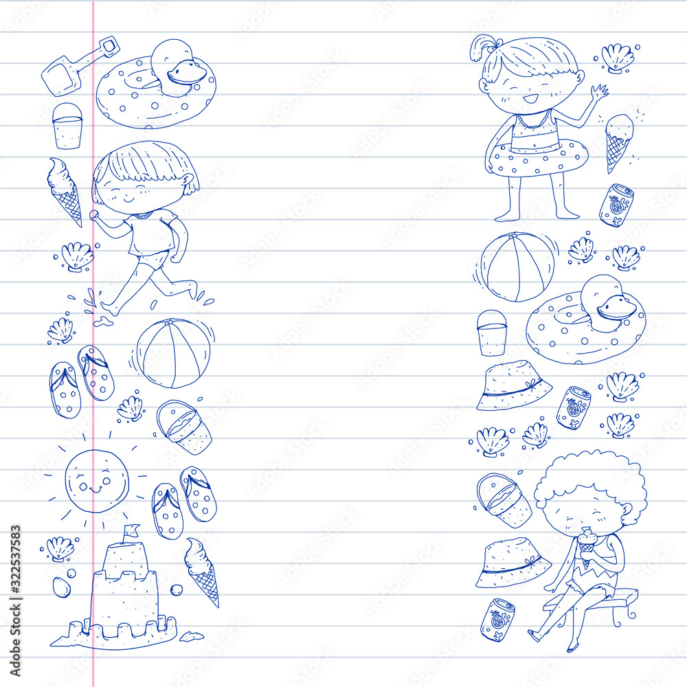 Children summer vacation. Holidays with little kids. Sea, beach and ocean. Travel and adventure vector pattern. Children summer vacation. Holidays with little kids. Sea, beach and ocean. Travel and adventure vector pattern.