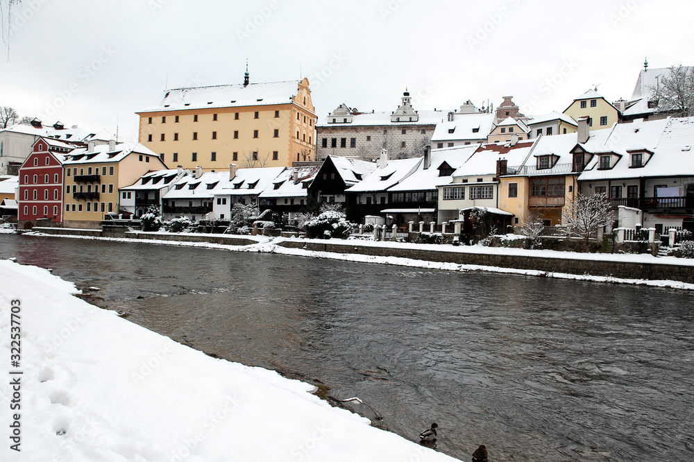 Winter view of old historical houses and the Vltava river, Cesky Krumlov, Czech Republic.