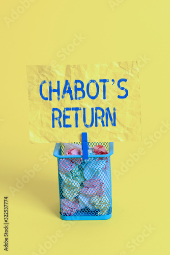 Text sign showing Chabot S Return. Business photo text the come back of conversation via auditory or textual method Trash bin crumpled paper clothespin empty reminder office supplies yellow photo