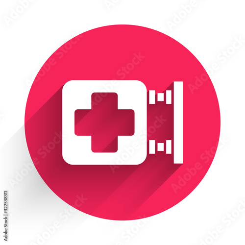 White Hospital signboard icon isolated with long shadow. Red circle button. Vector Illustration