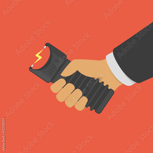 Police electric shocker in hand isolated. Shocker for protection. Taser is an electric weapon. Vector illustration in flat style. EPS 10.