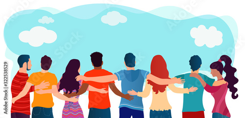 People diversity.Group of multiethnic friends who are embraced and united. Cooperation friendship and organization.Communication and dialogue.Community.Teamwork.Social network.Students photo
