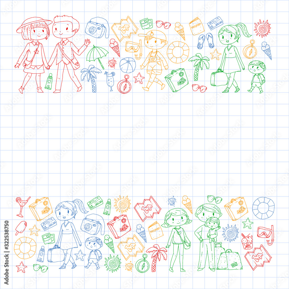 Vector pattern with travel and beach icons. Parents with little kids. Children summer vacation.