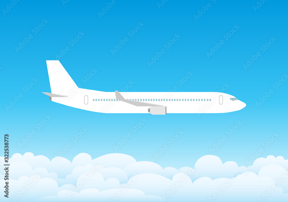 Airplane flying in the clouds. The plane flies over white clouds against a blue sky. Air flight. Vector, cartoon illustration.