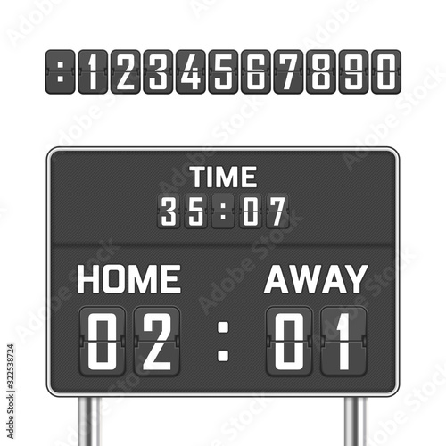Mechanical score board in realistic style. Soccer, football retro scoreboard isolated on white background. Vintage countdown with time, result display competitions. Vector illustration EPS 10.