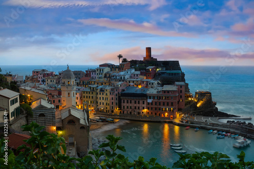 Beautiful view of sunset in Vernazza and suspended garden Cinque Terre National Park Liguria Italy Europe